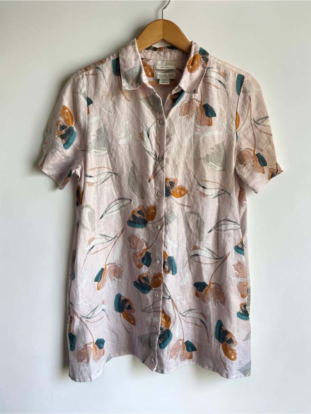 Rachel Zoe Button Up Shirt Dress Large 100% Linen Mini Floral Beach With Pockets